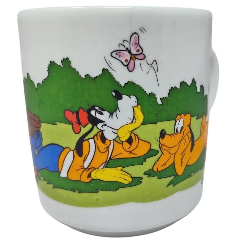 Vintage Disney Pluto and Goofy White Mug - Charming Butterfly Scene